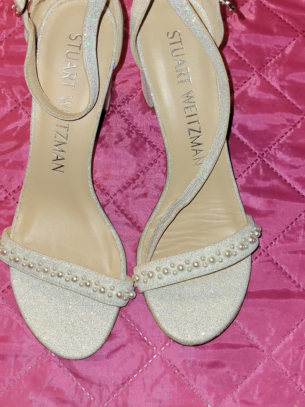 Stuart Weitzman Glitter Pearl-Strap Ivory Ankle Strap Block Heels